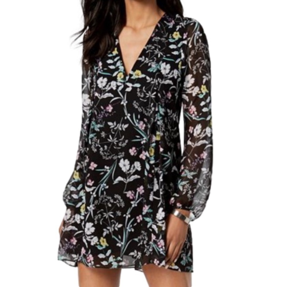 BCBGeneration Floral Chiffon Mini Dress Size XS Black Sheer Sleeve Boho